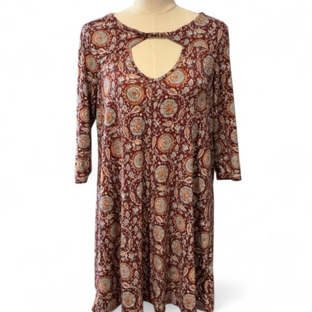 Three Pink Hearts Dress Women M Burgundy Excellent Boho Medallion Keyhole Mini - Picture 1 of 8
